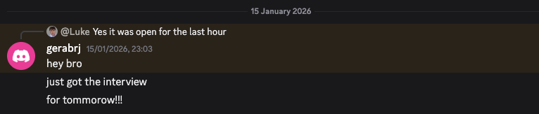 Community message: interview booked for the next day