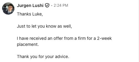 Message: Jurgen's 2 week placement offer