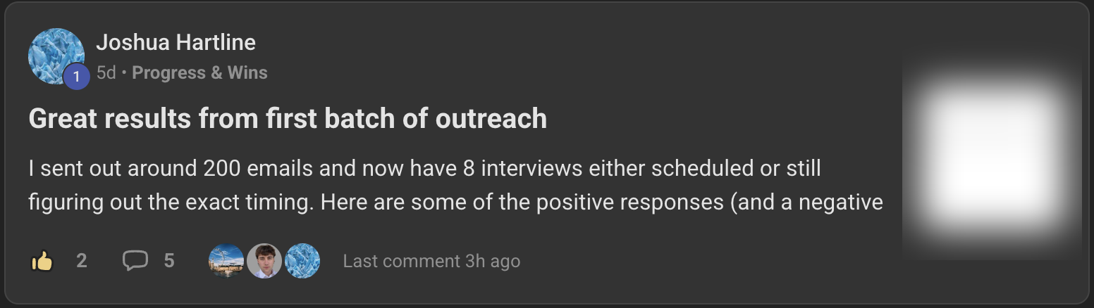 Community post: Joshua sent 200 emails and booked 8 interviews